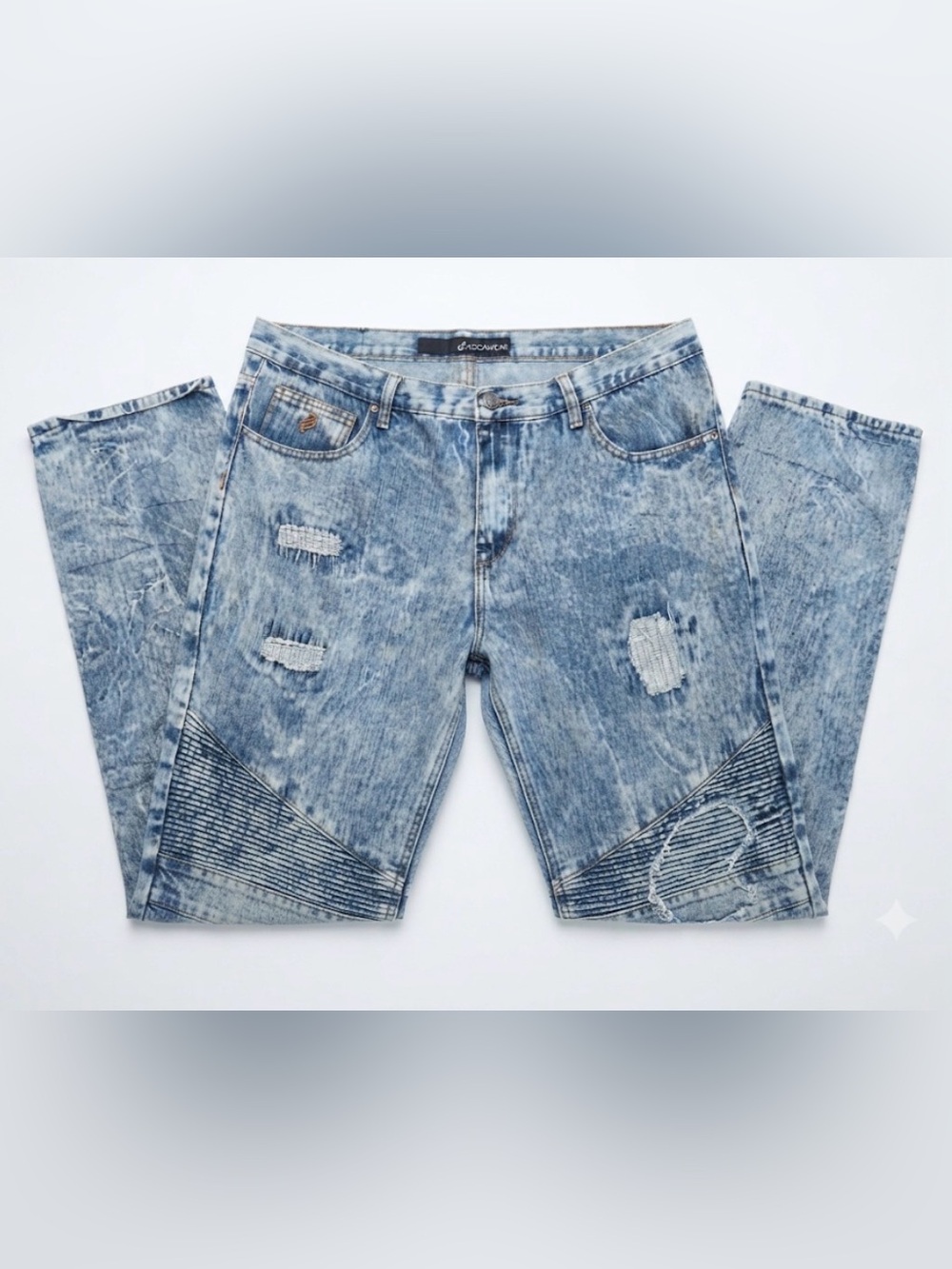 Rocawear Men Acid Wash Biker Denim Jeans Distressed Pleated Moto Size 38x30